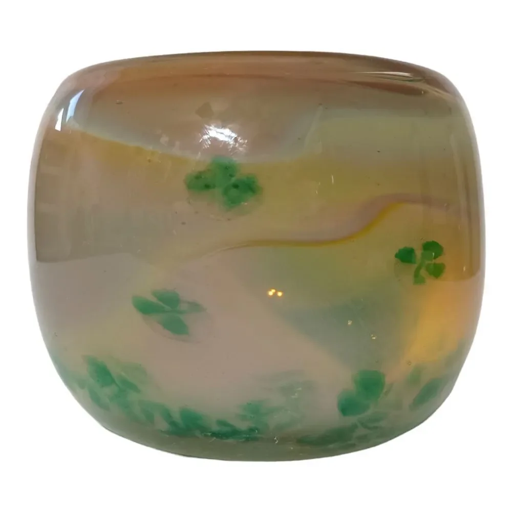 Hand Blown Studio Art Glass Votive Candle Holder Green Floral Tealight‎ Signed